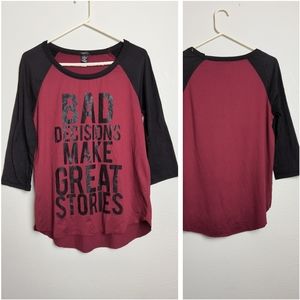 Rue21 Baseball T-Shirt Women's Size Large L Burgundy Black Sleeve